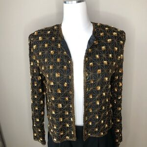 Vintage Black silk gold sequins evening short over evening jacket boxy fit S